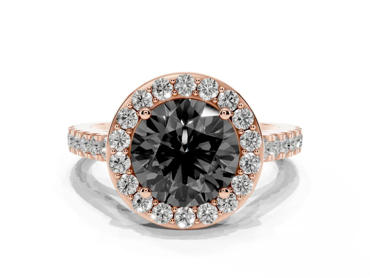 Fancy Black Round Cut Diamond Halo Ring with Round Pavé Split Shank and Prong Setting Rose gold