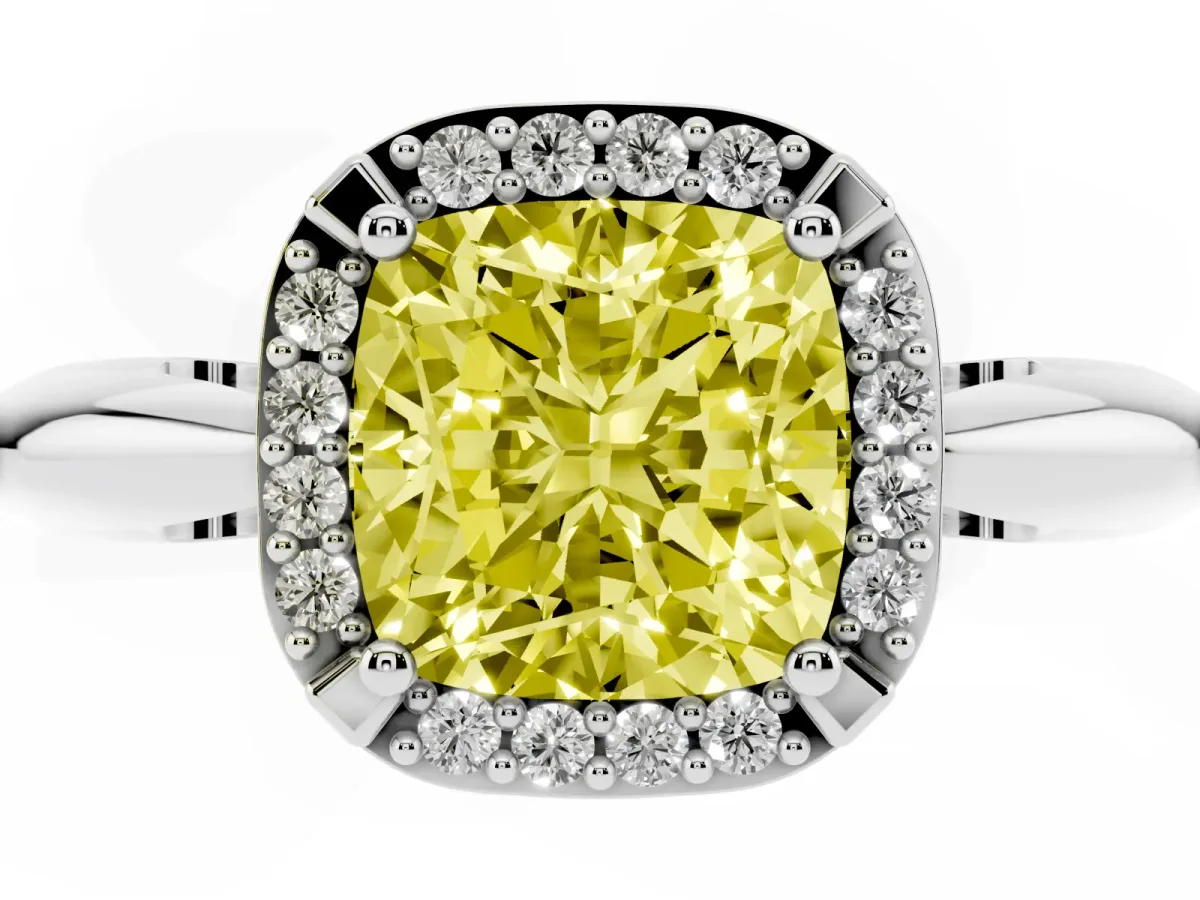 Fancy Yellow Cushion Cut Cut Diamond Halo Engagement Ring with Split Shank and Four-Prong Setting Platinum