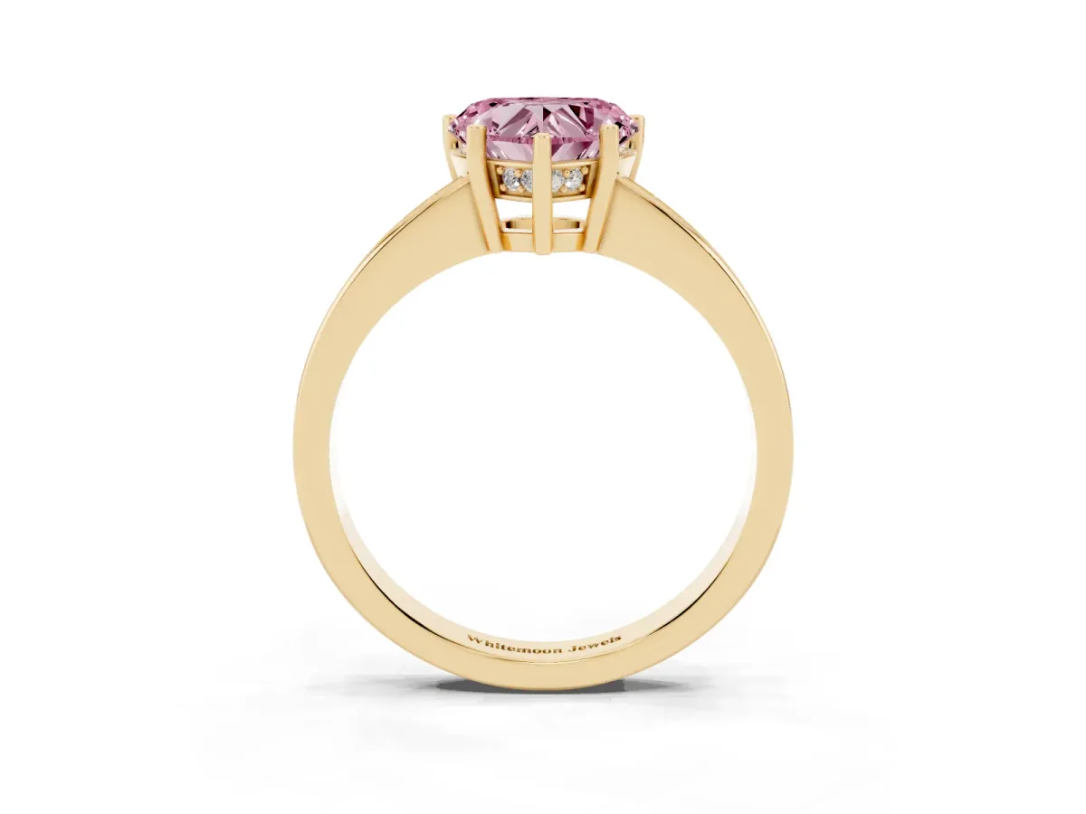 Fancy Pink Heart Cut Solitaire Pavé Band Prong Setting Ring Yellow gold