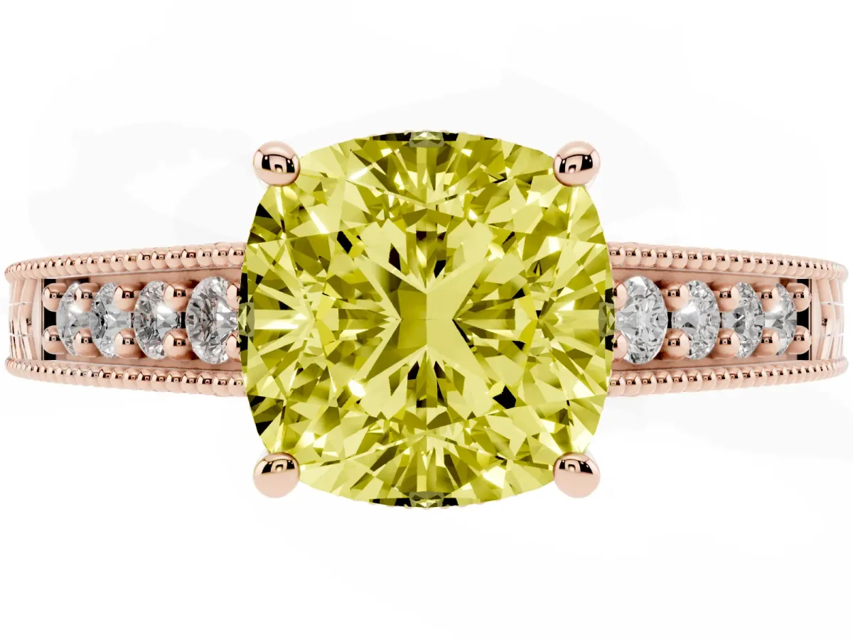 Fancy Yellow Cushion Cut Solitaire Pavé Diamond Milgrain Engagement Ring with Four-Prong Setting Rose gold