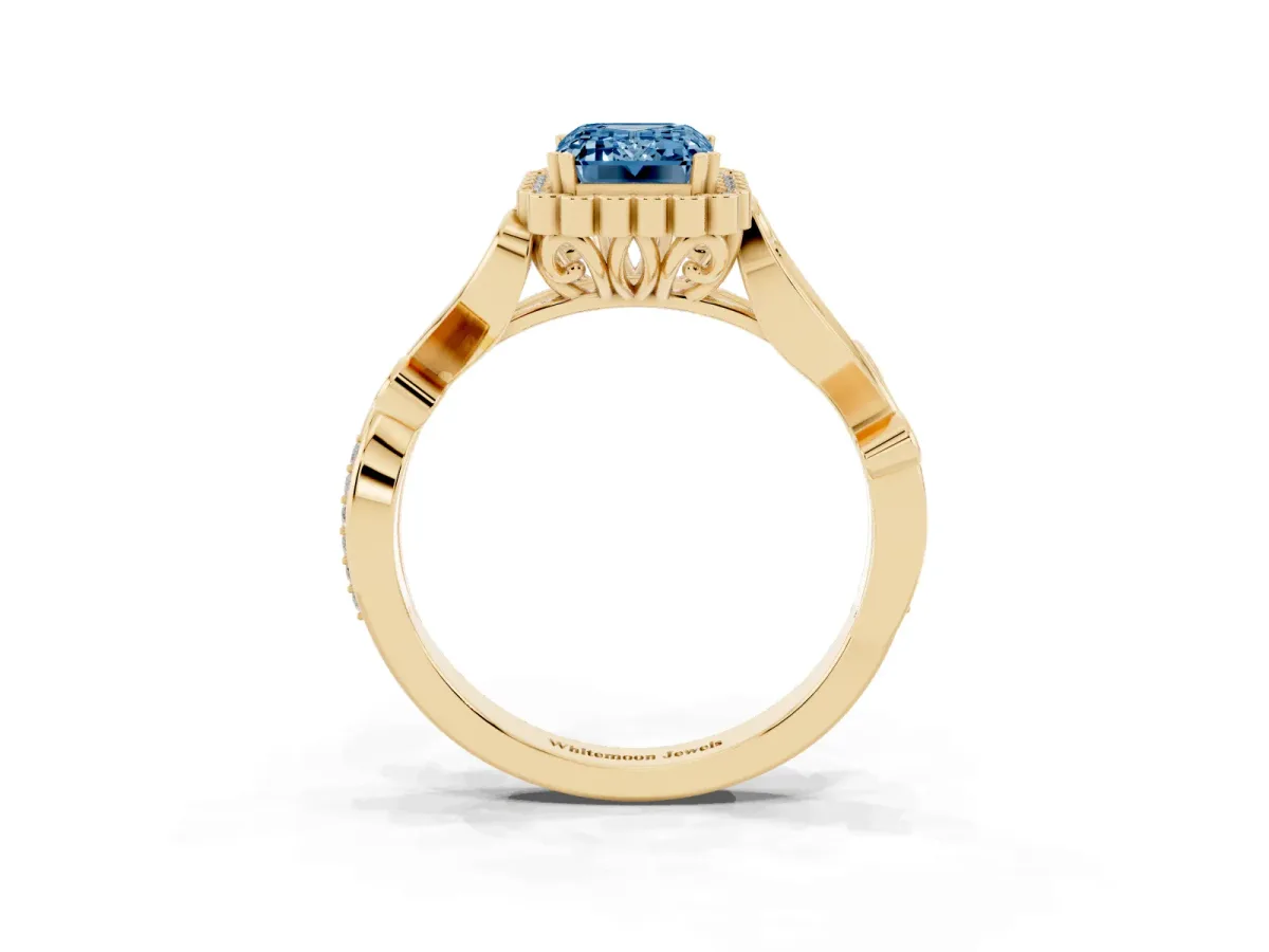 Fancy Blue Emerald Cut Diamond Halo Ring with Vintage Split Shank and Four-Prong Setting Yellow gold