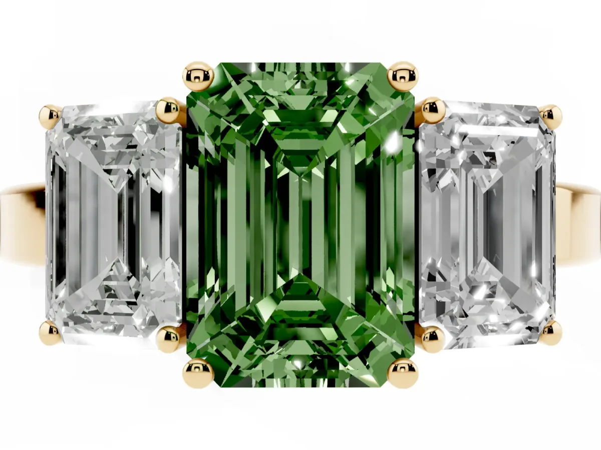 Fancy Green Three-Stone Emerald Cut Cut Diamond Engagement Ring with Flat Band and Four-Prong Setting Yellow gold