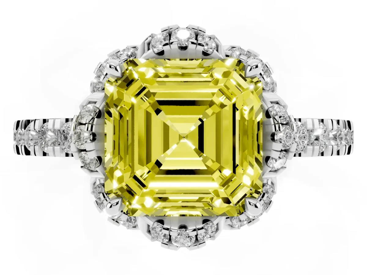 Fancy Yellow Asscher Cut Diamond Halo Pave Band with Four-Prong Setting Platinum