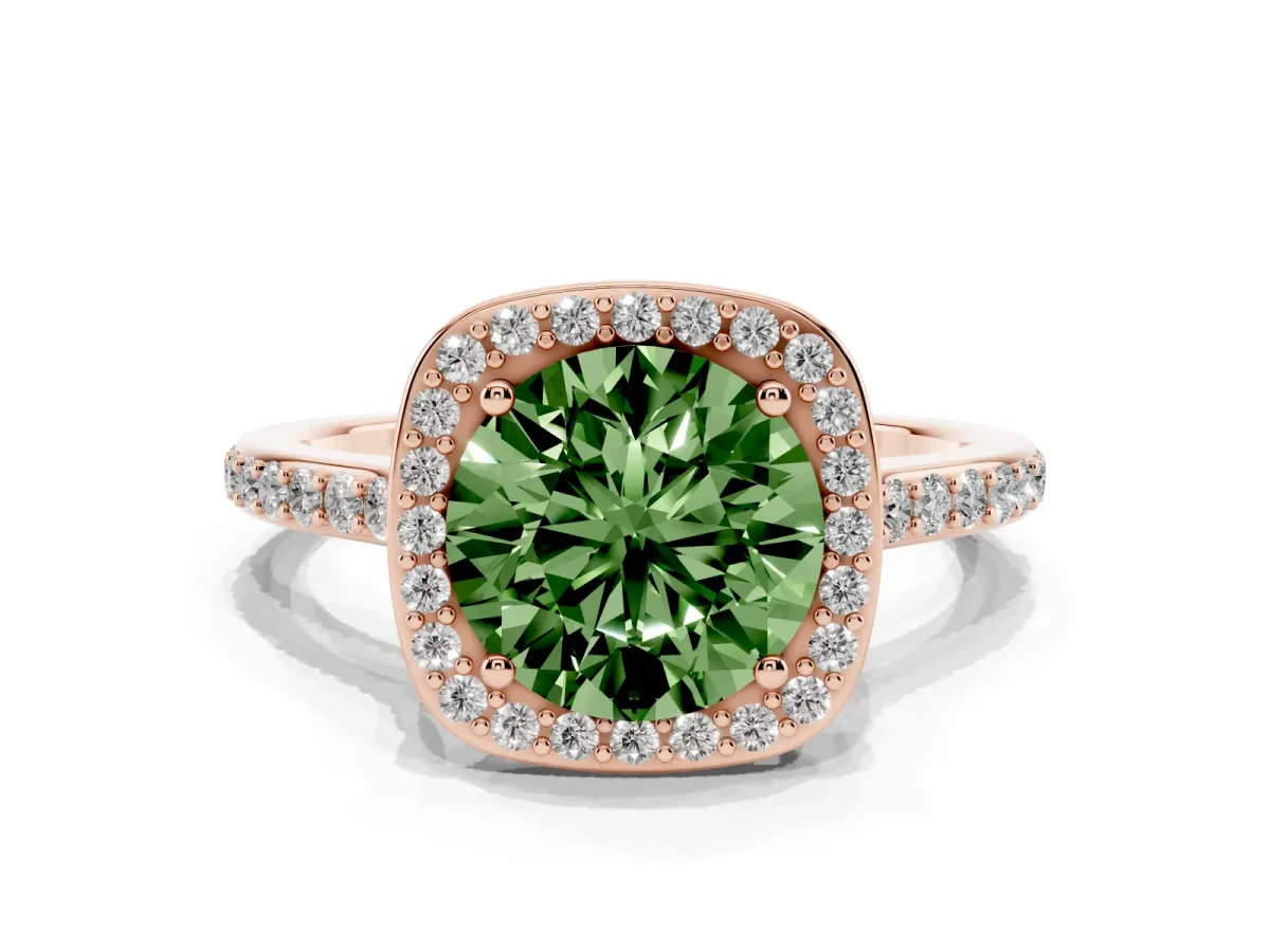 Fancy Green Round Cut Diamond Halo Engagement Ring with Round Pavé Shoulders and Prong Setting Rose gold