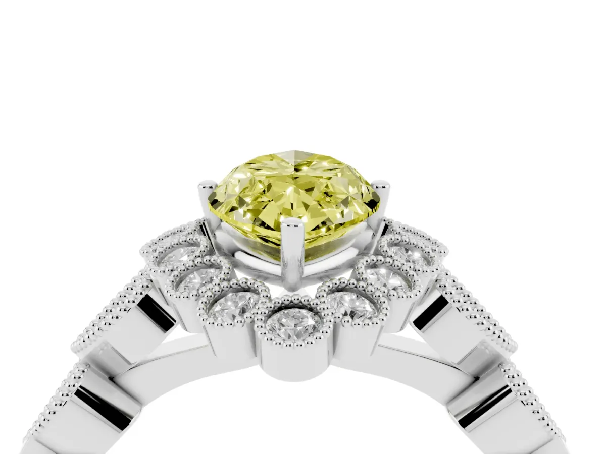 Fancy Yellow Marquise Cut Brilliant Milgrain Pave Heart Band Solitaire Ring Silver