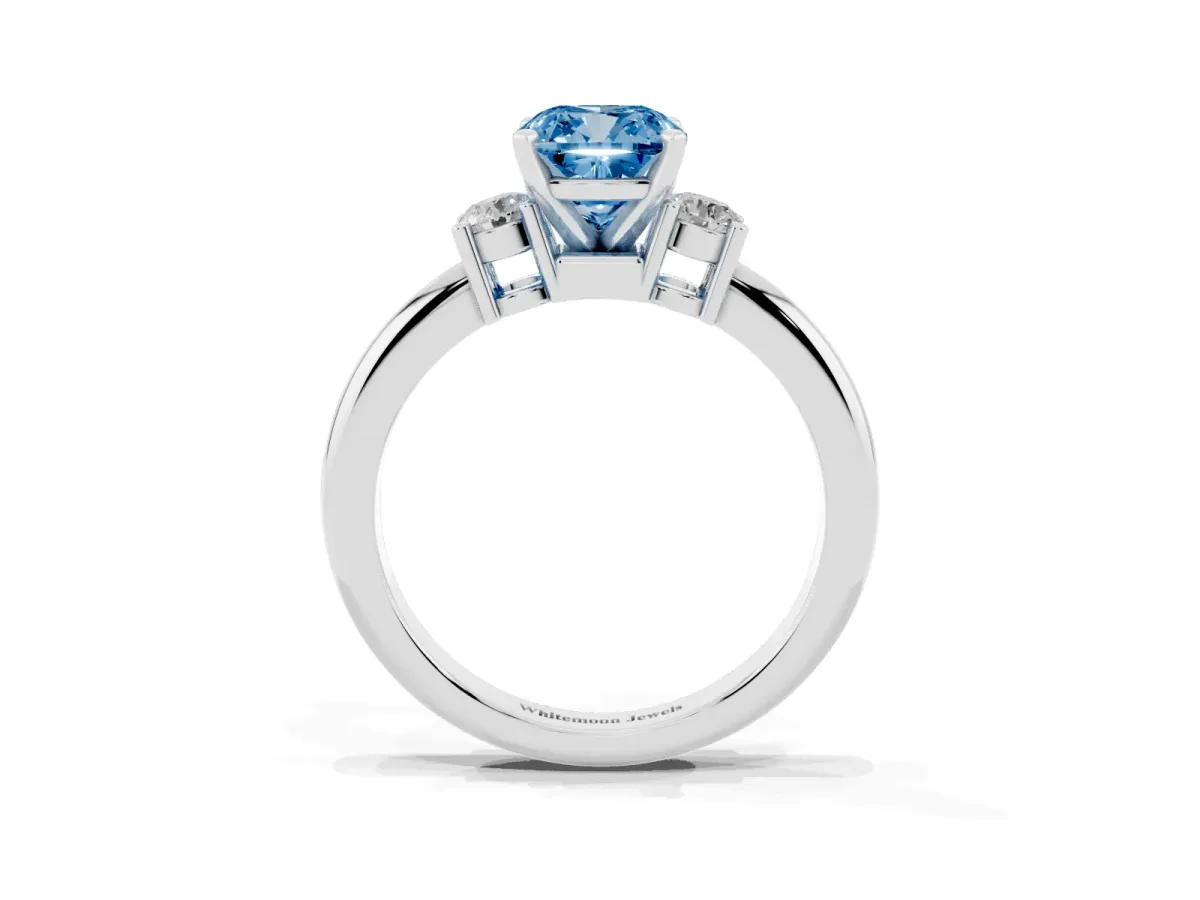 Fancy Blue Three-Stone Cushion Cut Cut Diamond Solitaire with Prong Setting and Classic Band Silver