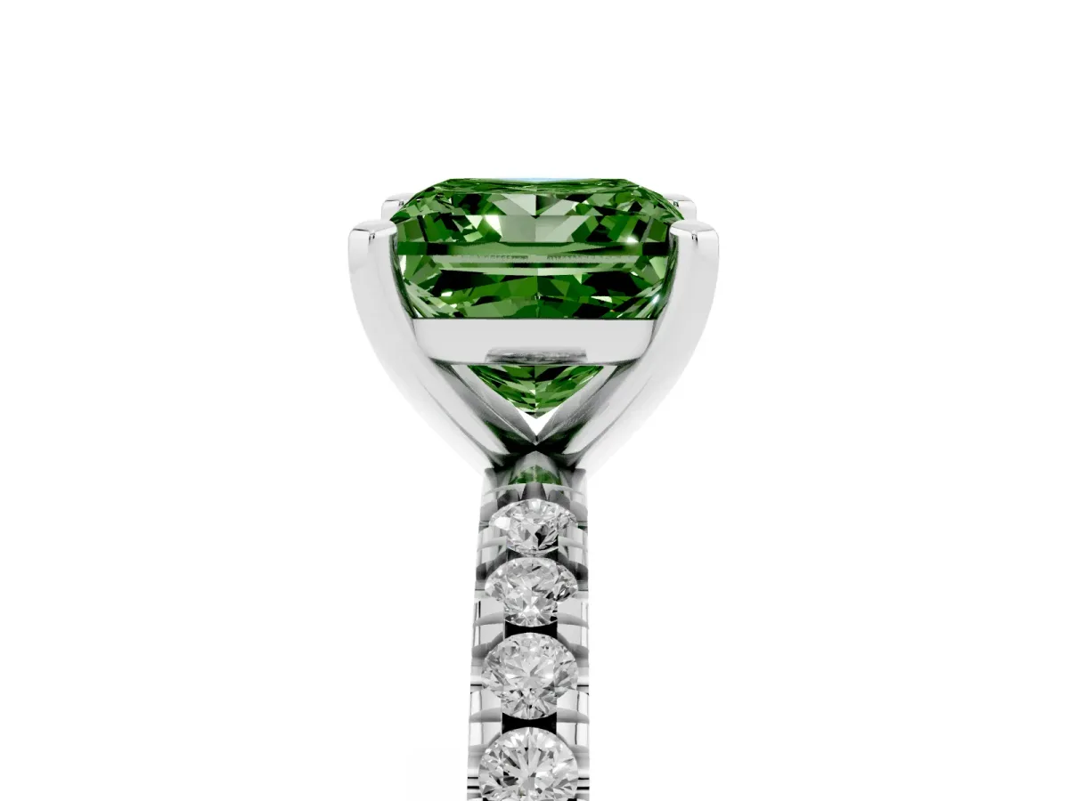 Fancy Green Princess Cut Diamond Pavé Band Solitaire with Four-Prong Setting Silver