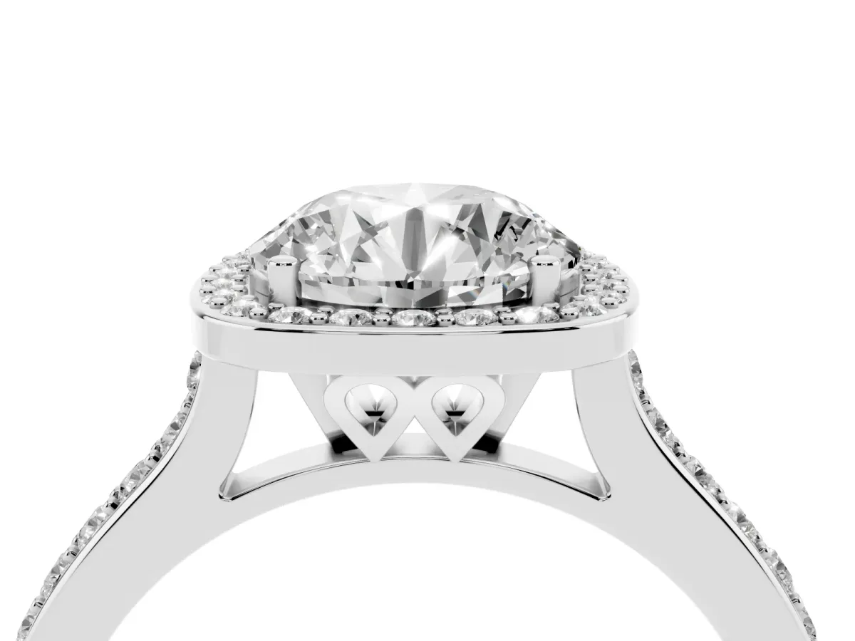 Round Cut Diamond Halo Engagement Ring with Round Pavé Shoulders and Prong Setting Silver