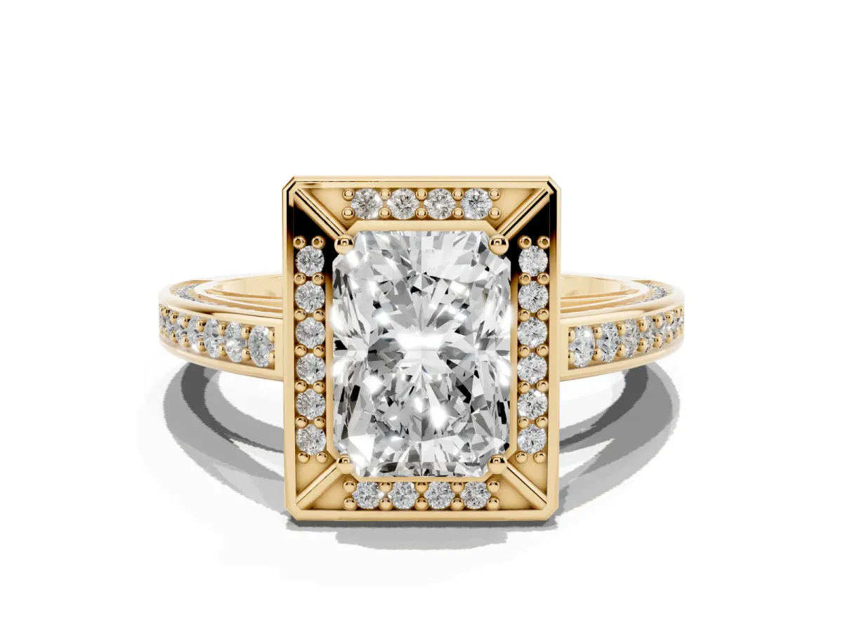 Radiant Cut Cut Halo Pave Split Shank Prong Setting Ring Yellow gold