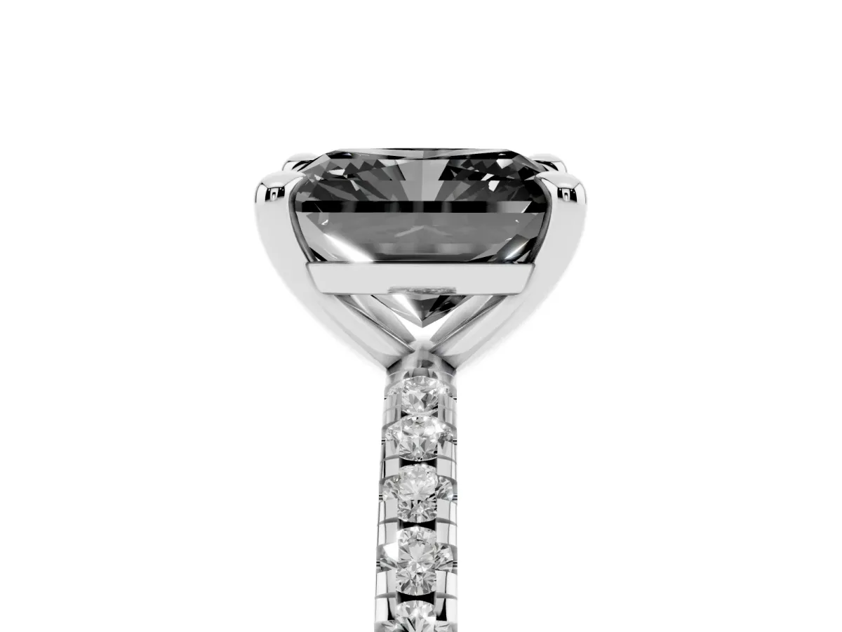 Fancy Black Radiant Cut Diamond Brilliant Solitaire Ring with Pavé Band and Four-Prong Setting Silver