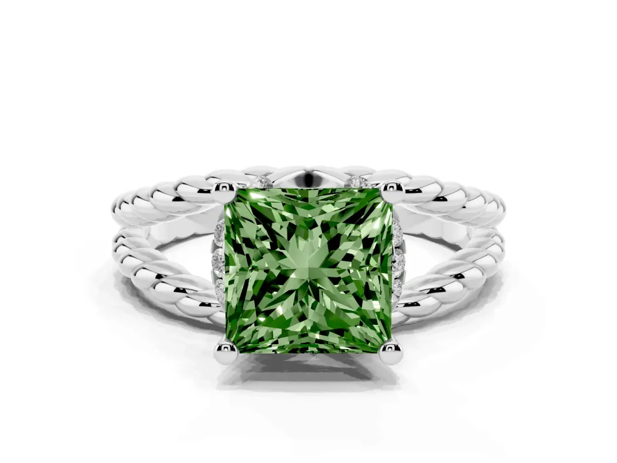 Fancy Green Princess Cut Halo Twisted Band Four-Prong Ring White gold