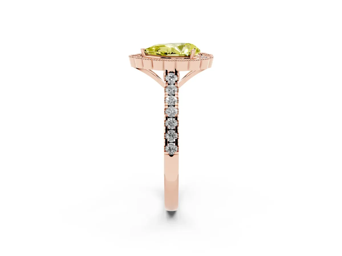 Fancy Yellow Pear Cut Cut Diamond Milgrain Floral Halo Engagement Ring with Pavé Band Rose gold