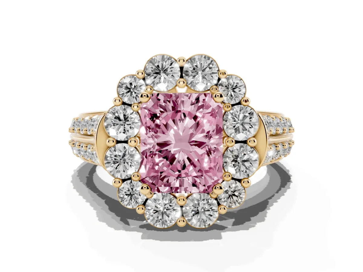 Fancy Pink Radiant Cut Halo Diamond Engagement Ring with Split Shank and Prong Setting Yellow gold