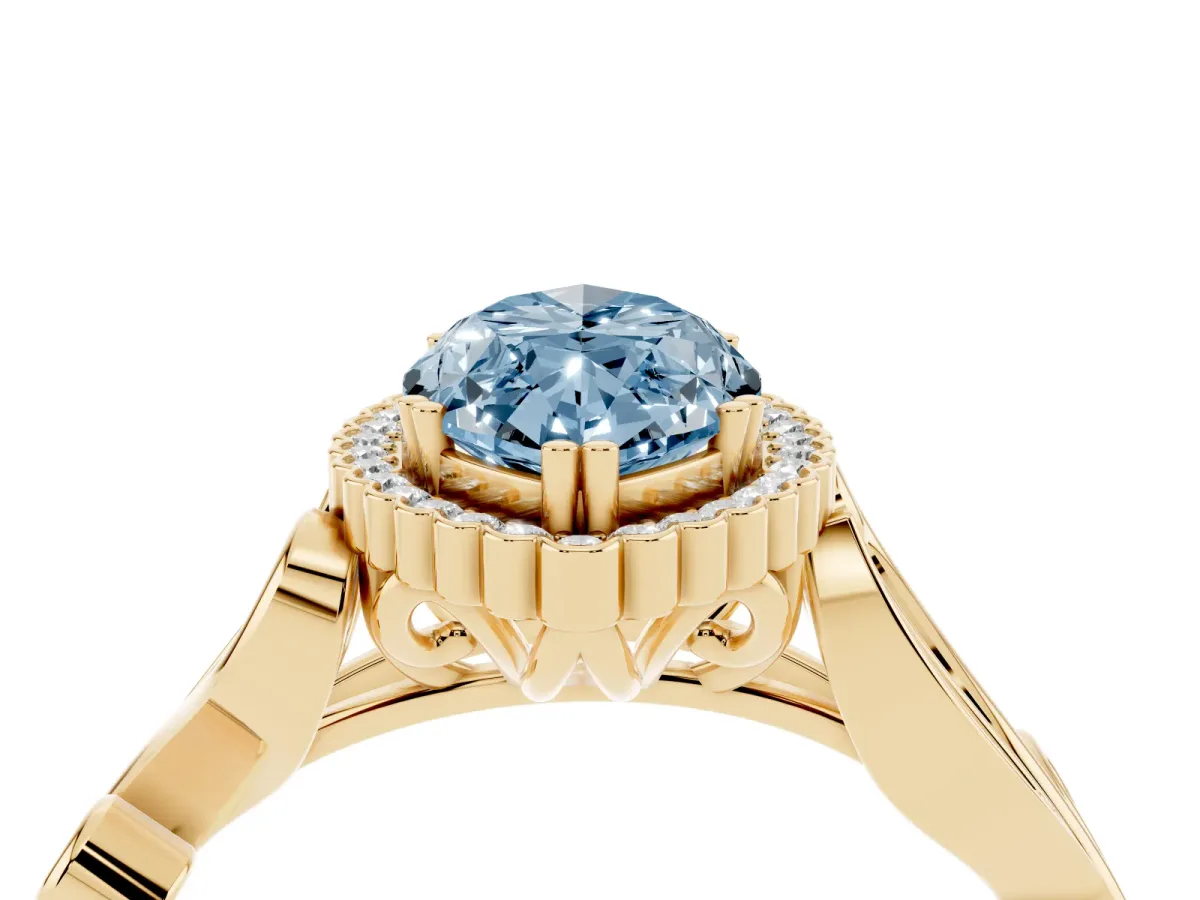 Fancy Blue Marquise Cut Diamond Halo Ring with Vintage Split Shank and Four-Prong Setting Yellow gold