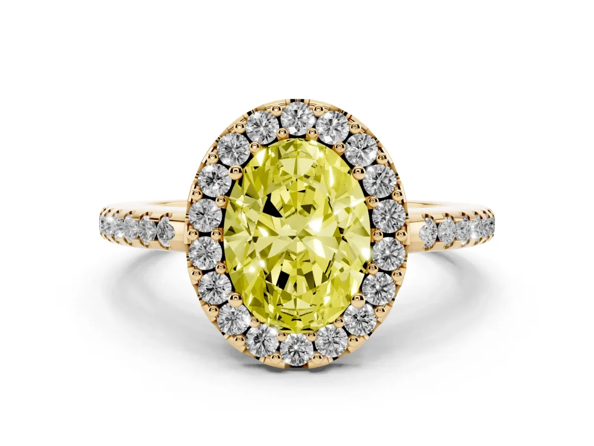 Fancy Yellow Oval Cut Diamond Pavé Halo Ring with Four-Prong Setting Yellow gold