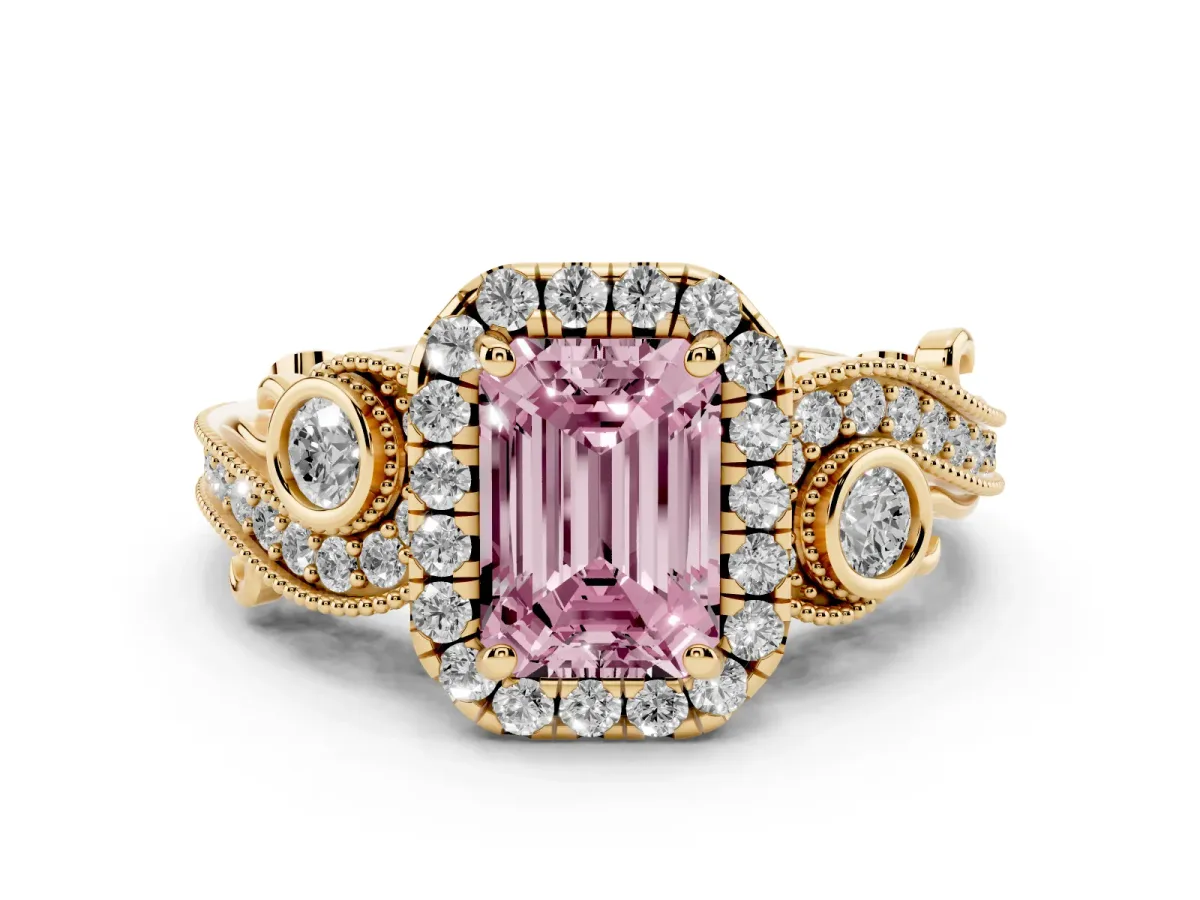 Fancy Pink Emerald Cut Halo Diamond Ring with Milgrain and Bezel Accents on a Split Shank Band Yellow gold