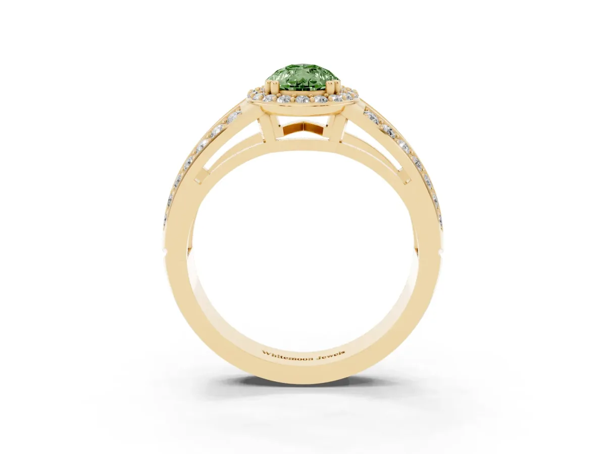 Fancy Green Pear Cut Diamond Halo Ring with Split Shank Pavé Band and Four-Prong Setting Yellow gold