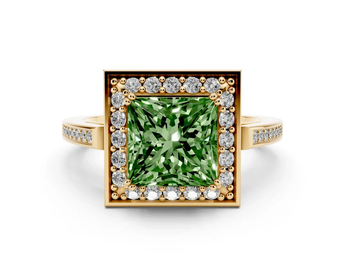 Fancy Green Princess Cut Diamond Halo Ring with Split Shank and Four-Prong Setting Yellow gold