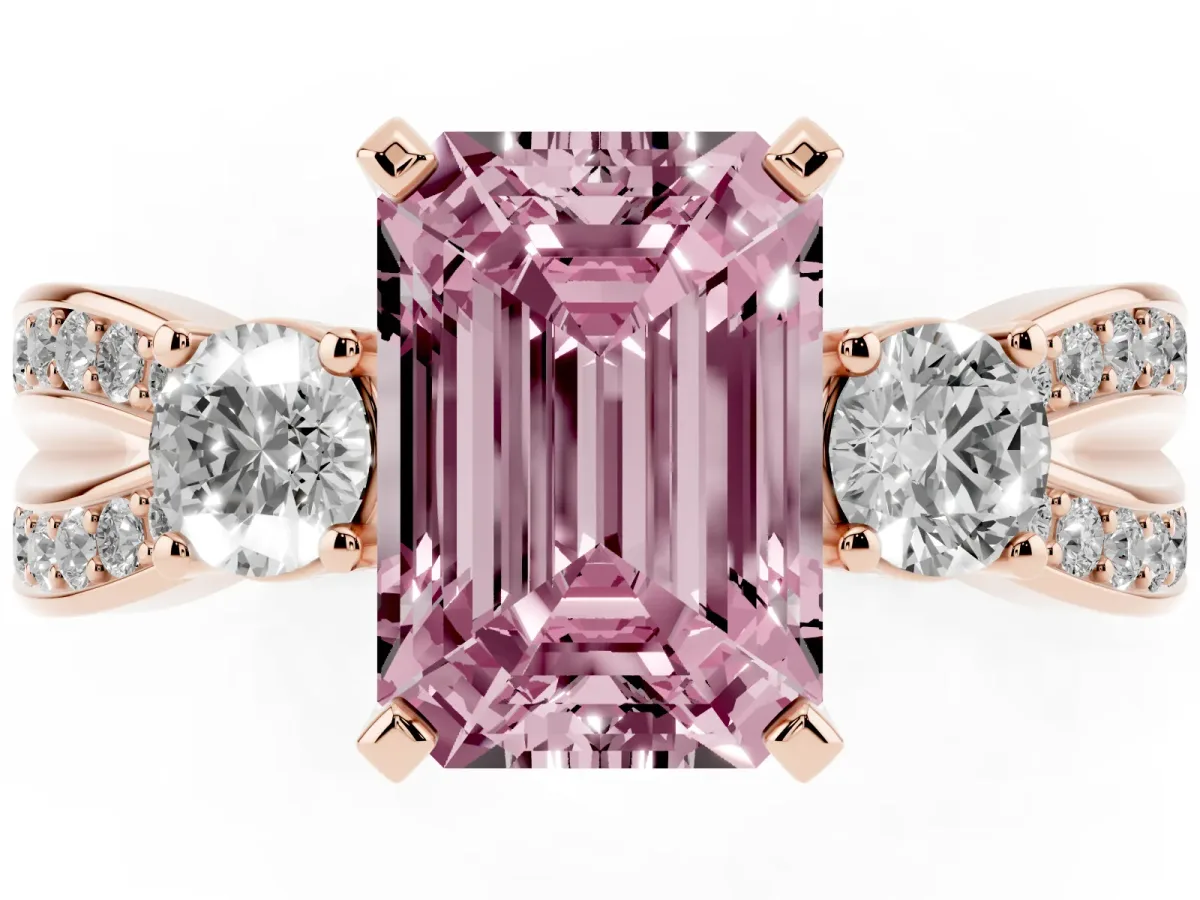 Fancy Pink Three-Stone Emerald Cut Cut Diamond Twist Band with Prong Setting Rose gold