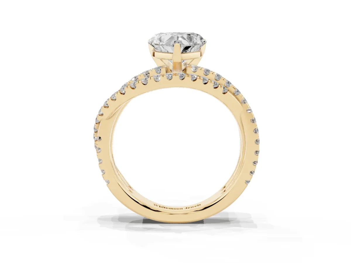 Heart Cut Solitaire Twist Band with Pavé Setting and Four-Prong Setting Yellow gold