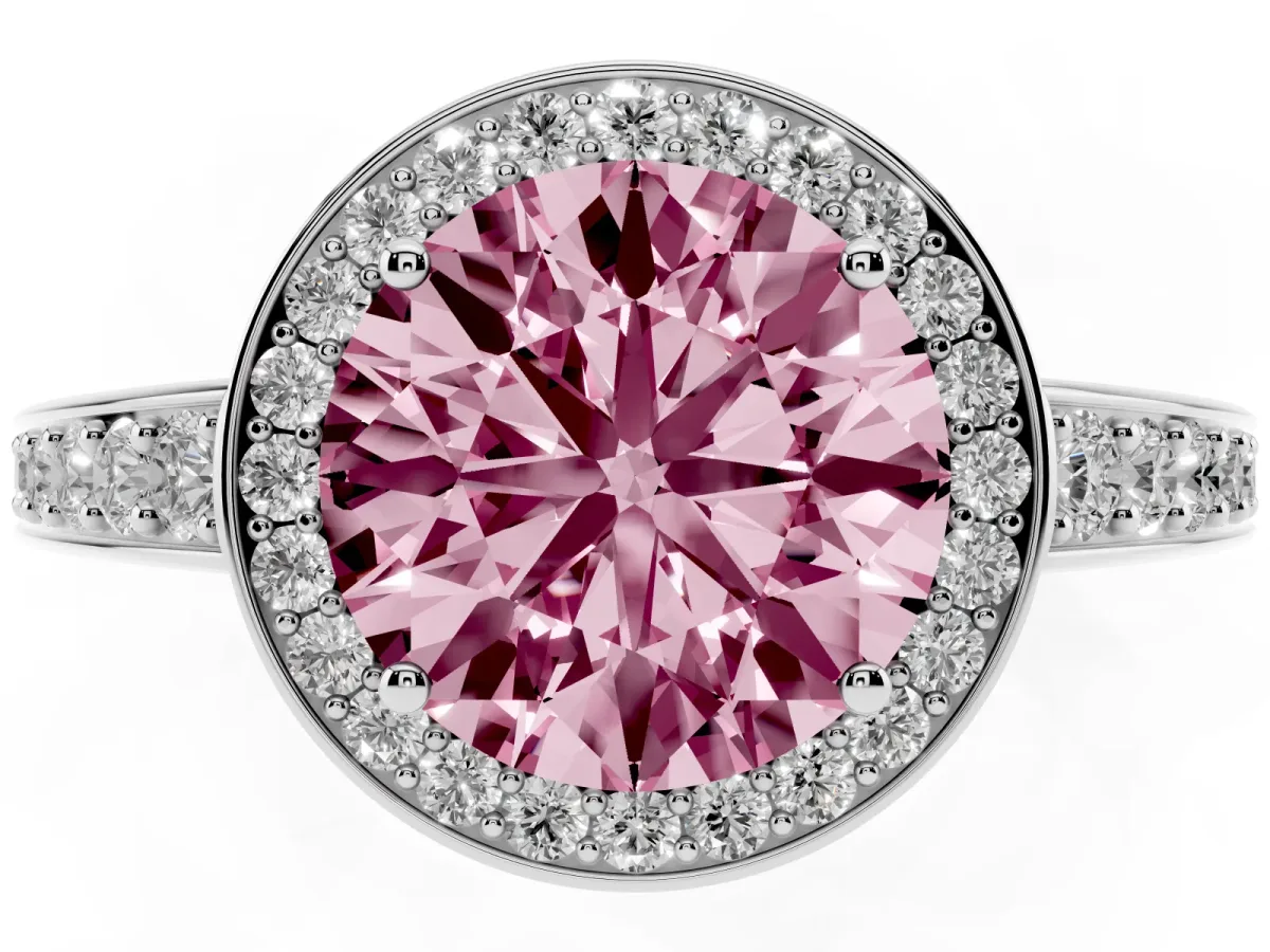 Fancy Pink Round Cut Halo Pavé Diamond Engagement Ring with Bezel Setting Silver