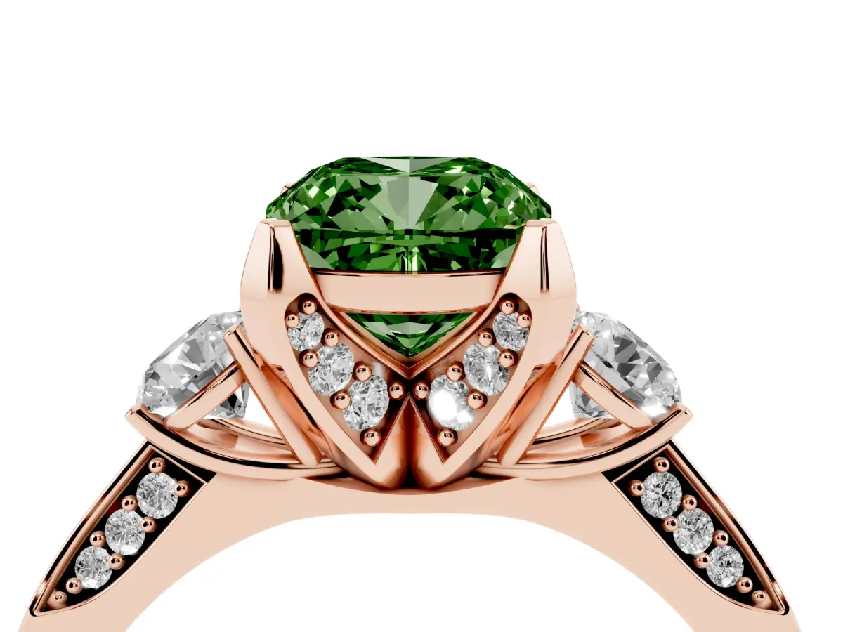 Fancy Green Cushion Cut Brilliant Three-Stone Diamond Ring with Pavé Band and Four-Prong Setting Rose gold