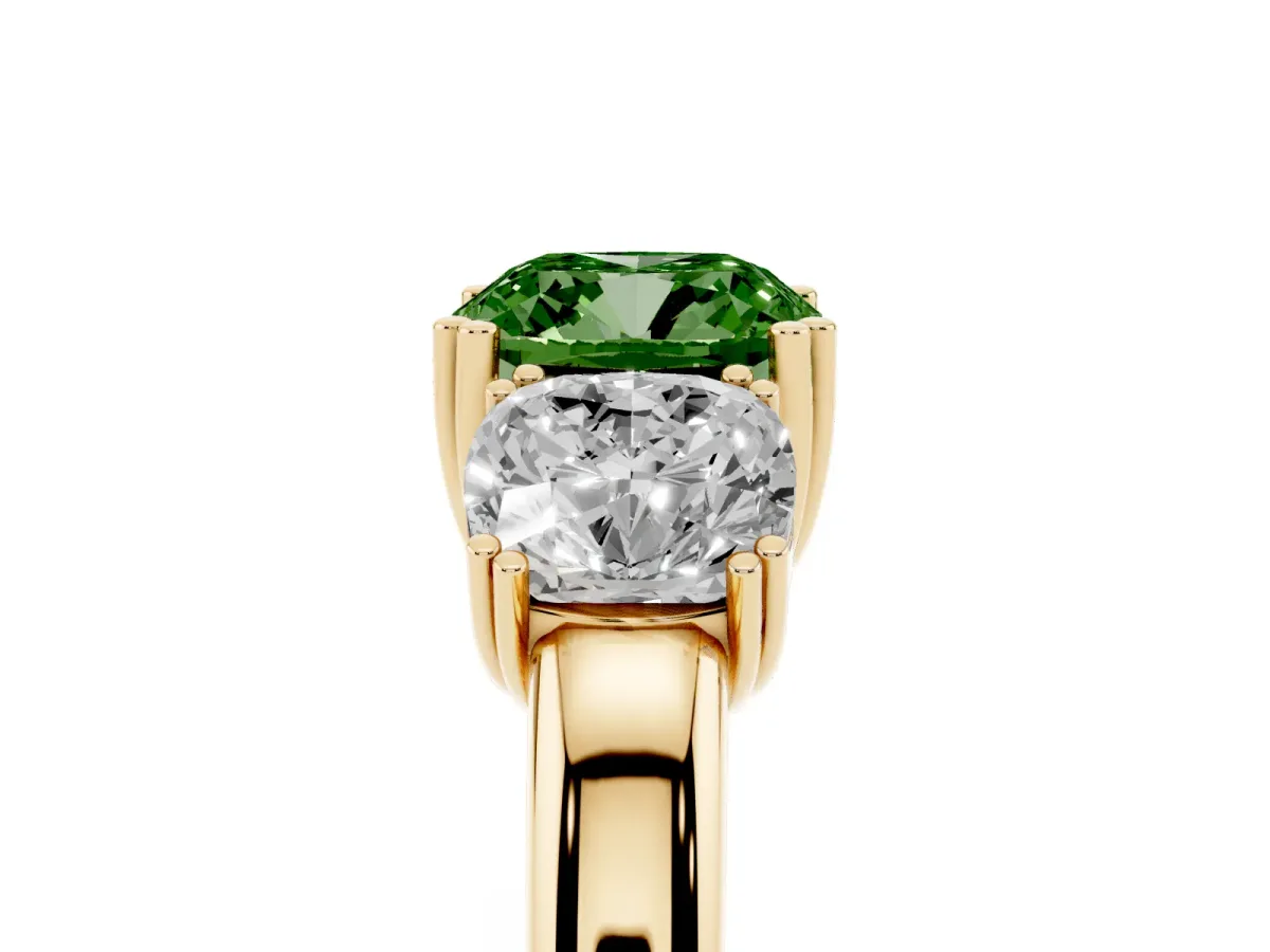 Fancy Green Three-Stone Cushion Cut Cut Diamond Ring with Channel Set Band and Four-Prong Setting Yellow gold