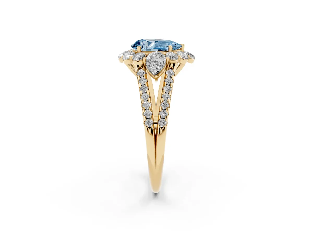 Fancy Blue Pear Cut Halo Split Shank Diamond Engagement Ring with Prong Setting Yellow gold