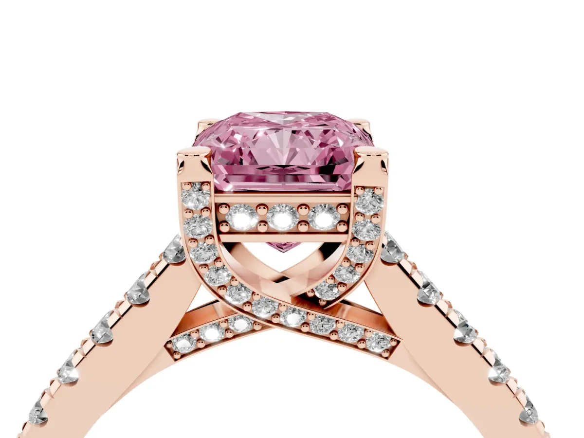 Fancy Pink Radiant Cut Brilliant Diamond Solitaire with Pavé Band and Four-Prong Setting Rose gold