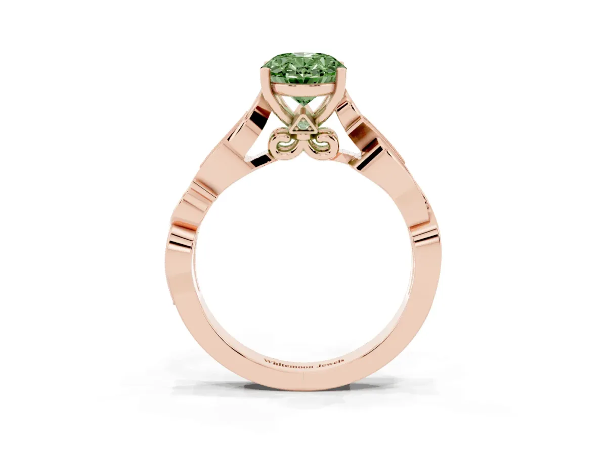 Fancy Green Oval Cut Solitaire Vine Band with Milgrain Prong Setting Rose gold