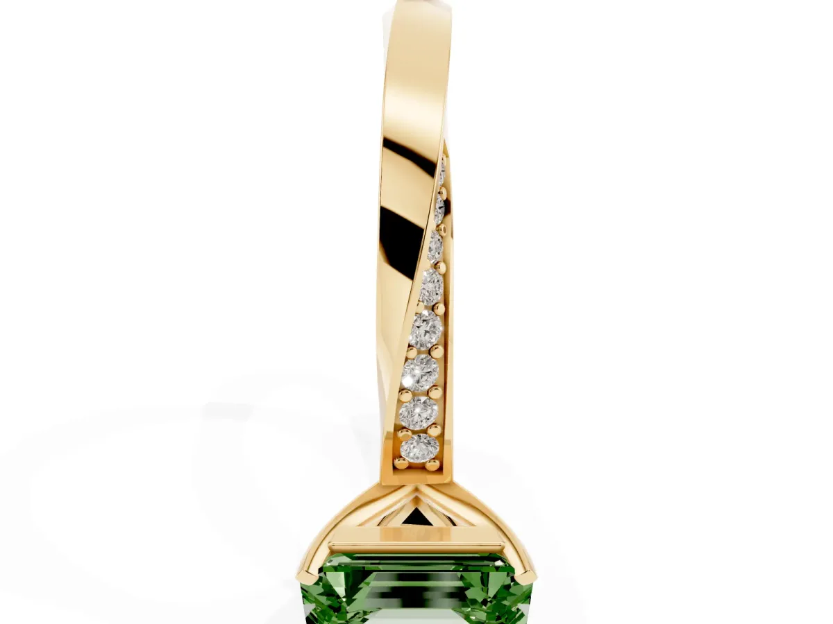 Fancy Green Emerald Cut Diamond Engagement Ring with Side Stone Accents and Four-Prong Setting Yellow gold