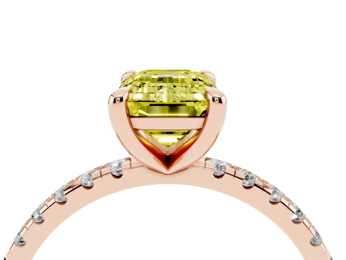 Fancy Yellow Emerald Cut Diamond Brilliant Solitaire Ring with Pavé Band and Four-Prong Setting Rose gold