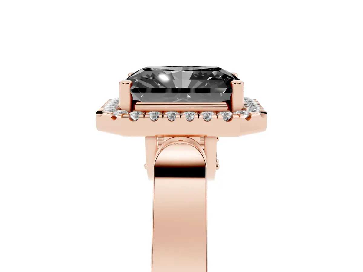 Fancy Black Radiant Cut Halo Round Diamond Twist Band with Four-Prong Setting Rose gold