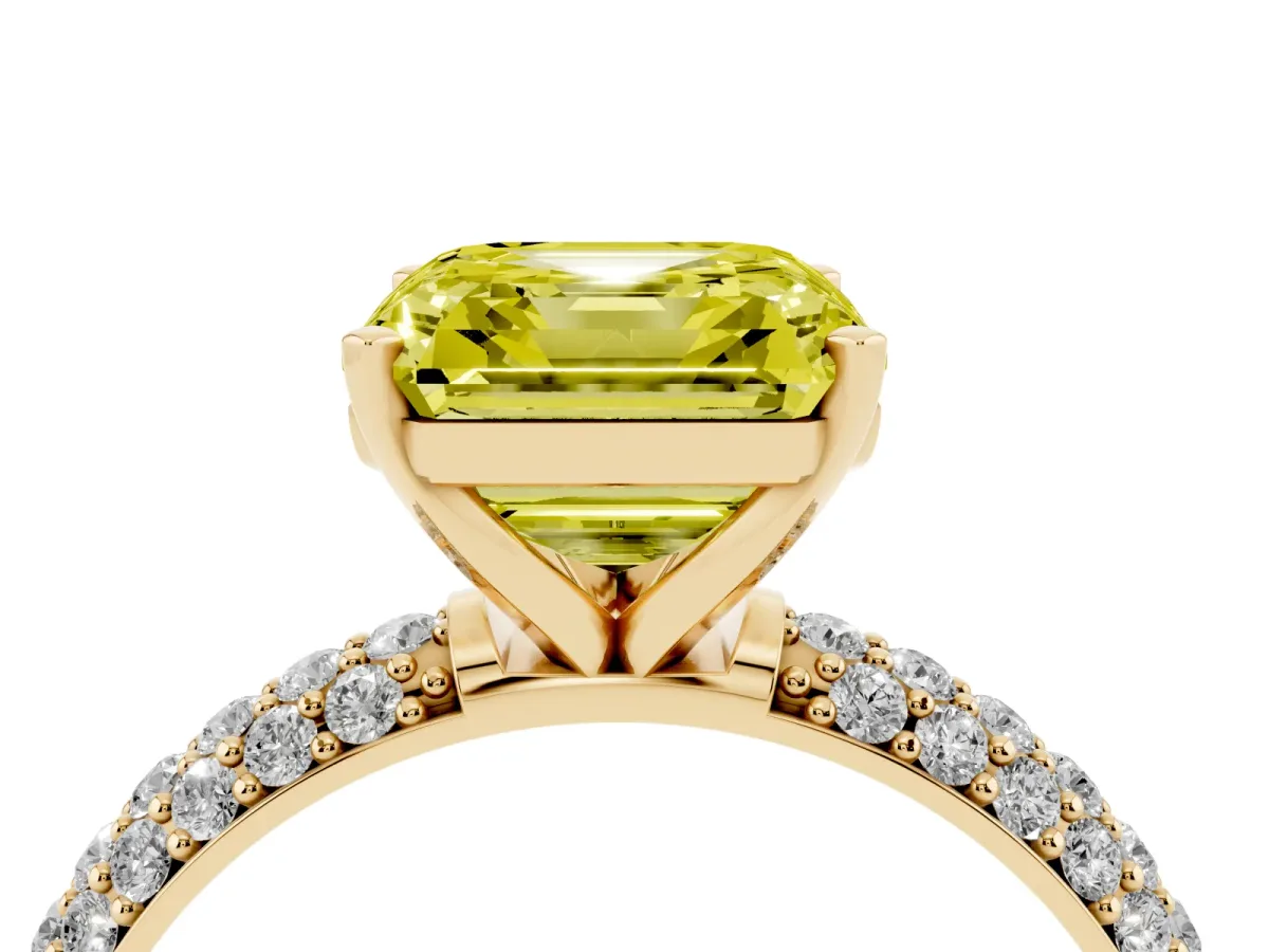 Fancy Yellow Asscher Cut Diamond Solitaire Ring with Prong Setting and Pavé Band Yellow gold