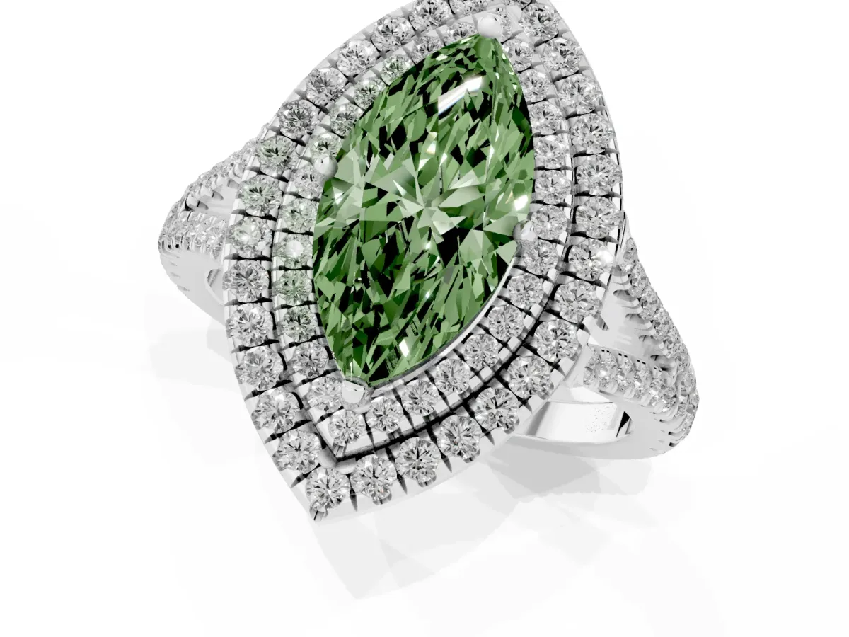 Fancy Green Marquise Cut Diamond Double Halo Ring with Pavé Band and Prong Setting Platinum