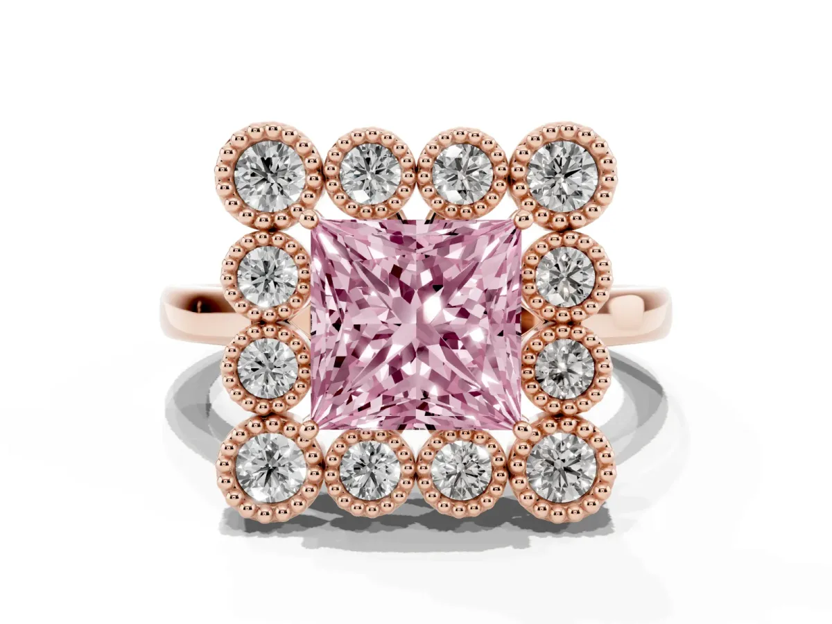 Fancy Pink Princess Cut Halo Diamond Cluster Engagement Ring with Milgrain Bezel Setting and Solitaire Band Rose gold