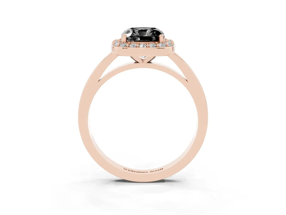 Fancy Black Cushion Cut Halo Diamond Ring with Solitaire Band and Prong Setting Rose gold