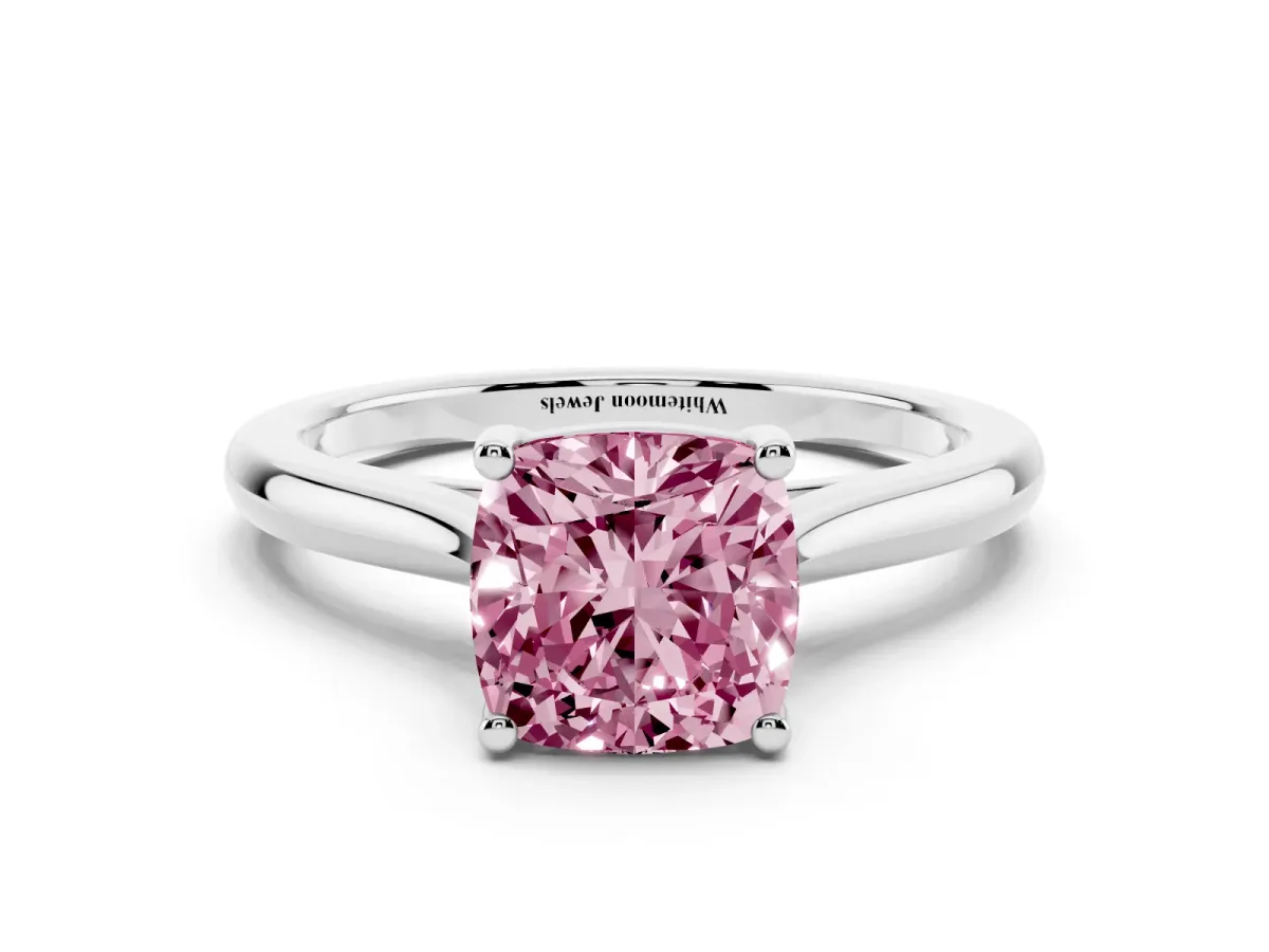 Fancy Pink Cushion Cut Cut Solitaire Ring with Cathedral Band and Four-Prong Setting Silver