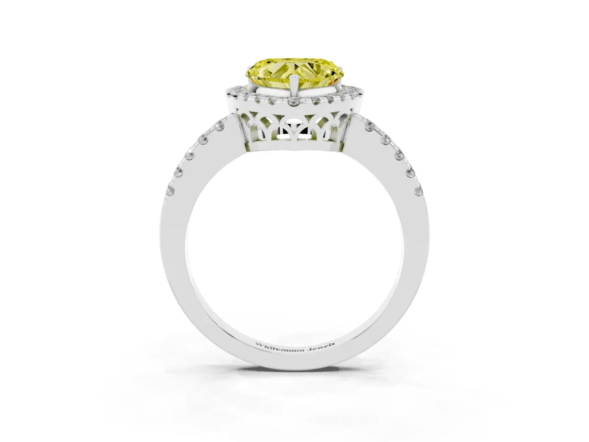 Fancy Yellow Heart Cut Halo Diamond Engagement Ring with Pavé Band and Four-Prong Setting White gold