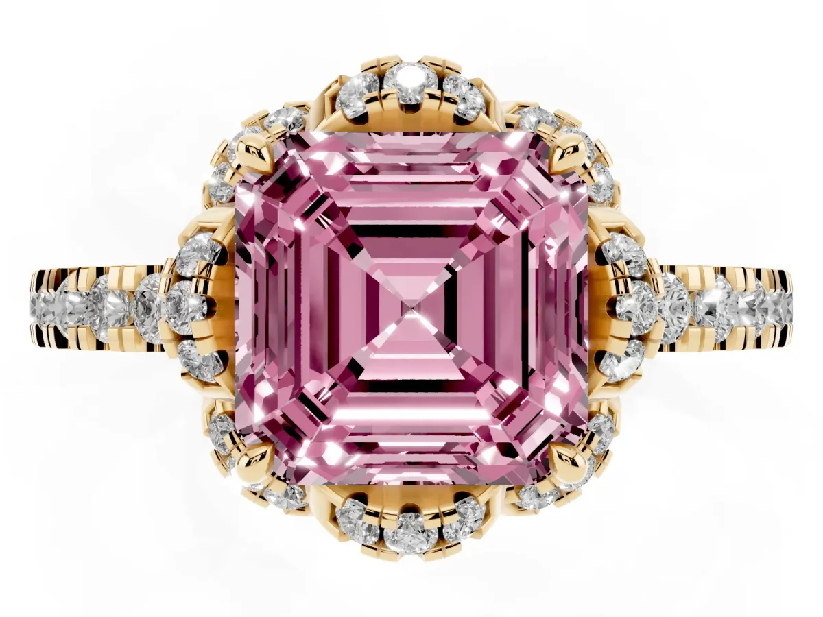 Fancy Pink Asscher Cut Halo Diamond Pave Band Ring with Four-Prong Setting Yellow gold