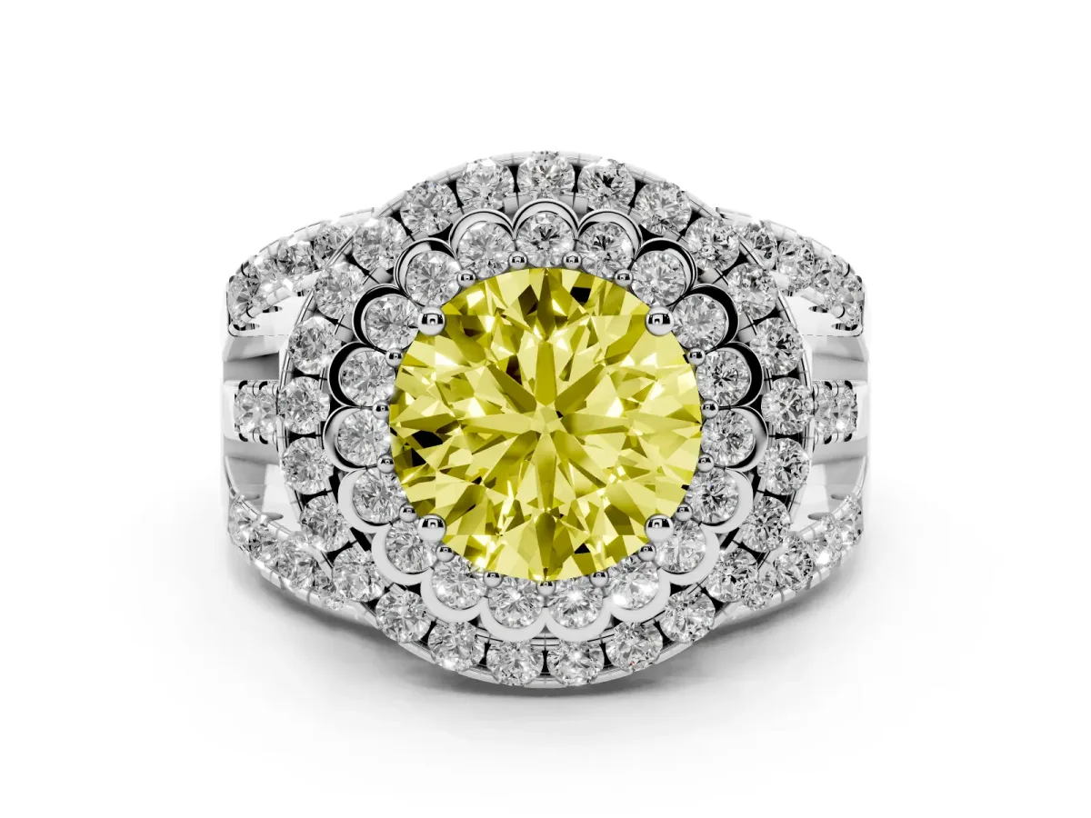 Fancy Yellow Round Cut Diamond Double Halo Ring with Round Pavé Split Shank and Prong Setting Silver