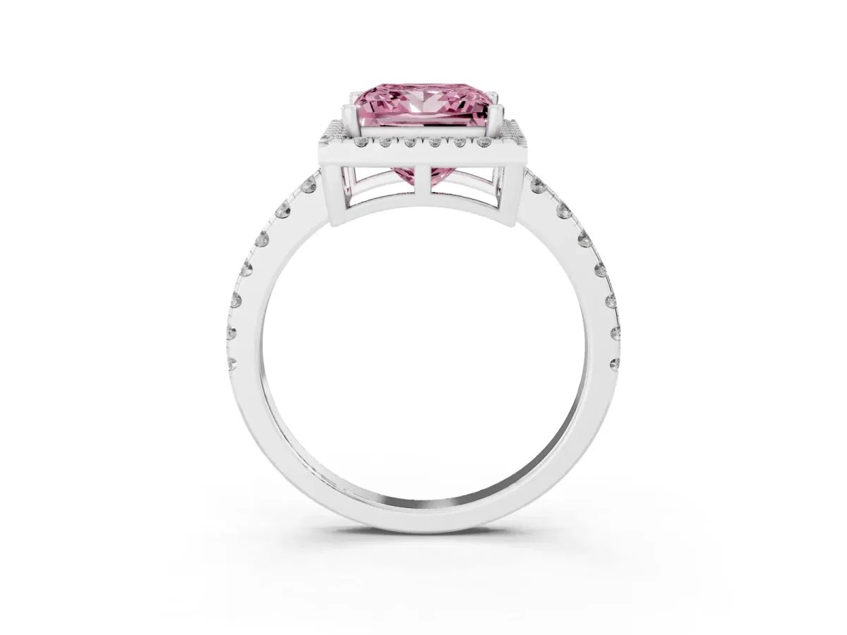 Fancy Pink Princess Cut Diamond Halo Ring with Pavé Band and Four-Prong Setting Platinum