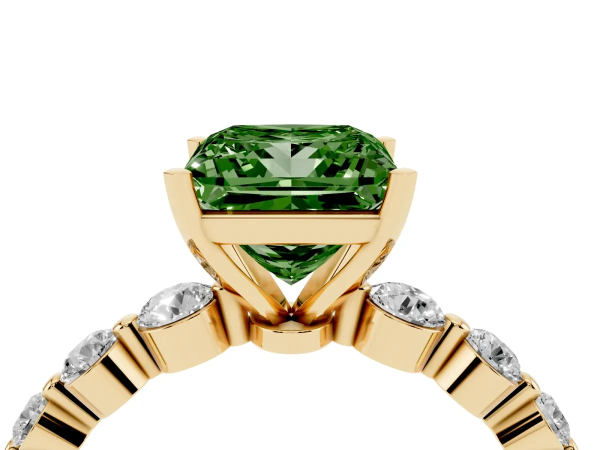 Fancy Green Princess Cut Solitaire Diamond Ring with Pave Band and Four-Prong Setting Yellow gold