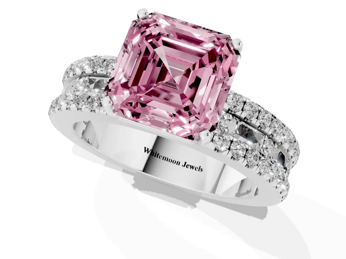 Fancy Pink Asscher Cut Diamond Solitaire Ring with Pavé and Channel Set Band Silver