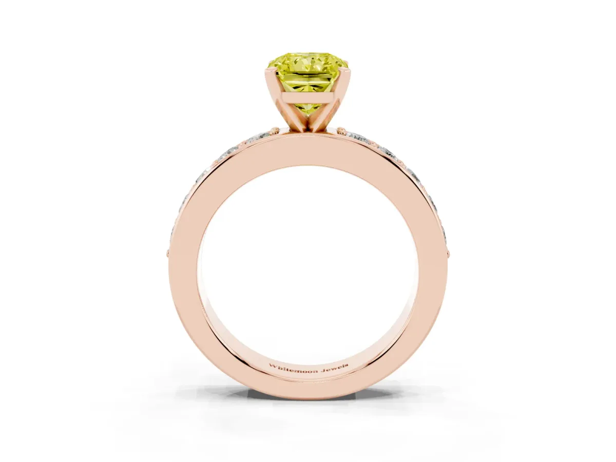 Fancy Yellow Radiant Cut Diamond Engagement Ring with Channel Set Round Band and Prong Setting Rose gold
