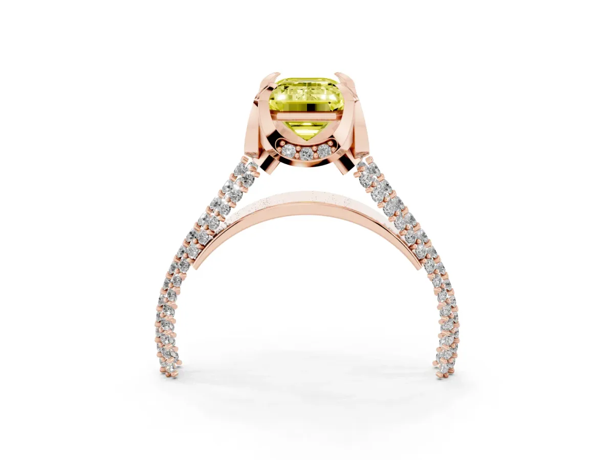 Fancy Yellow Emerald Cut Solitaire Pave Split Shank Ring with Four-Prong Setting Rose gold