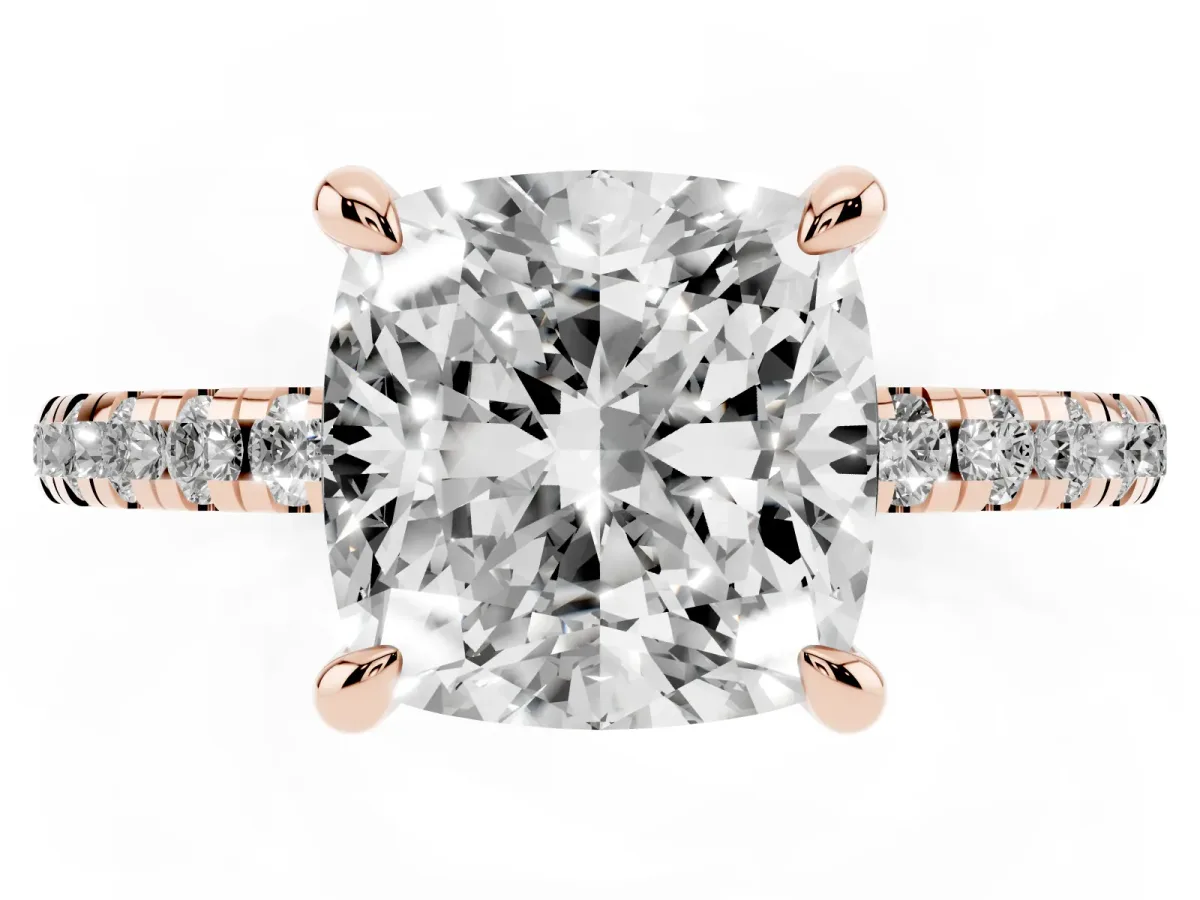 Cushion Cut Diamond Brilliant Solitaire Ring with Pavé Band and Four-Prong Setting Rose gold