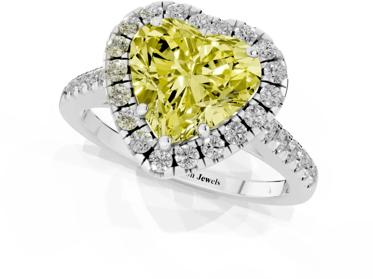 Fancy Yellow Heart Cut Halo Pavé Diamond Engagement Ring with Four-Prong Setting White gold