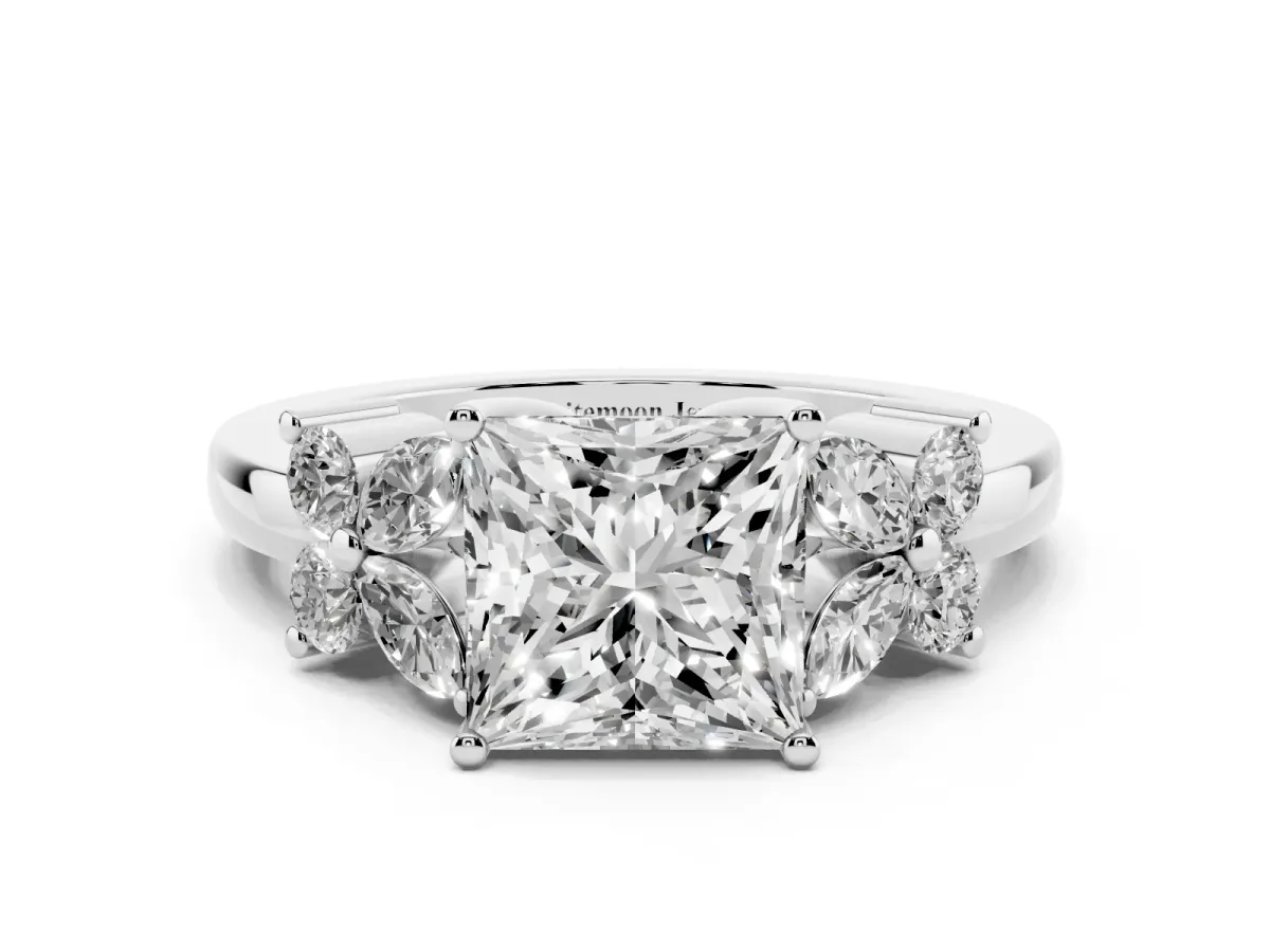 Princess Cut Diamond Floral Cluster Ring with Solitaire Band and Prong Setting Platinum