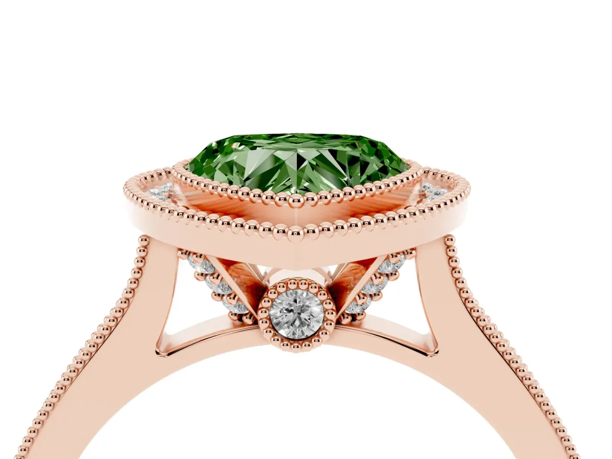 Fancy Green Halo Heart Cut-Cut Diamond Pave Band Milgrain Prong Setting Ring Rose gold